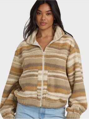 Billabong Women's Sherpa Fleece Jacket Coat Size Small Tan Striped